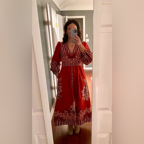 FARM Rio Long Sleeve V-neck Midi Dress Red Size M EUC - Picture 3 of 6